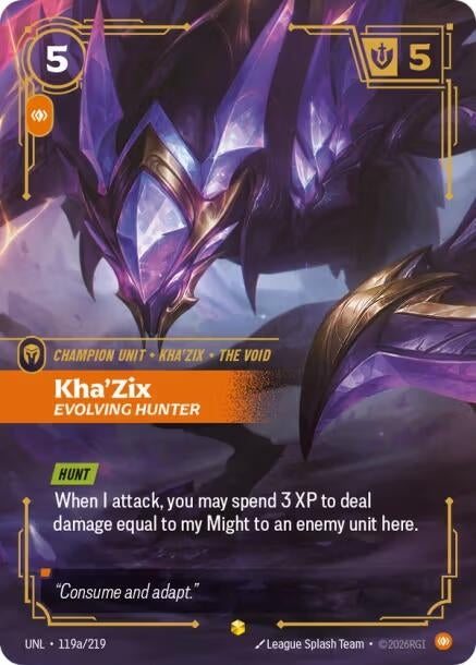 Image for Kha'Zix - Evolving Hunter (Alternate Art) (119a/219) (Unleashed) (UNL) - Riftbound: League of Legends Trading Card Game