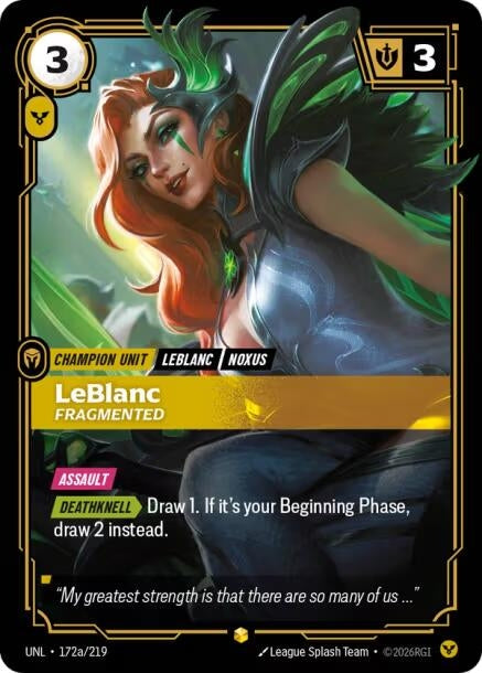 Image for LeBlanc - Fragmented (Alternate Art) (172a/219) (Unleashed) (UNL) - Riftbound: League of Legends Trading Card Game