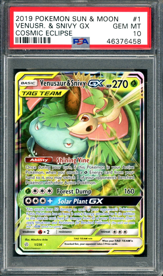PSA 10 Venusaur & Snivy GX (1/236) [Cosmic Eclipse]