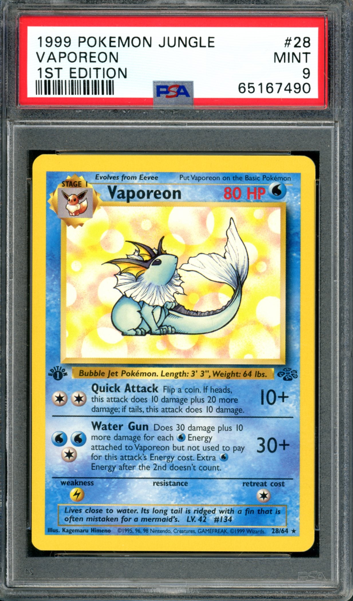 PSA 9 1st Edition Vaporeon (28/64) [Jungle]