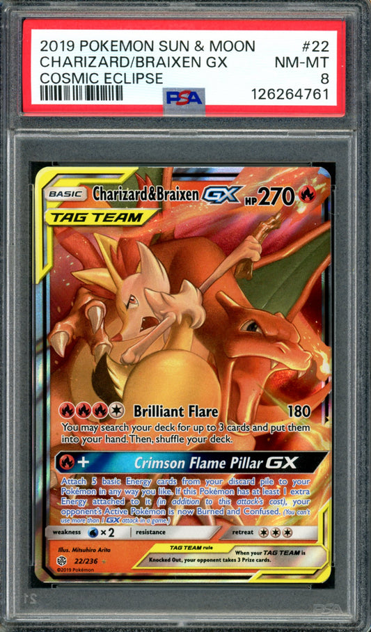 PSA 8 Charizard & Braxien GX (22/236) [Cosmic Eclipse]
