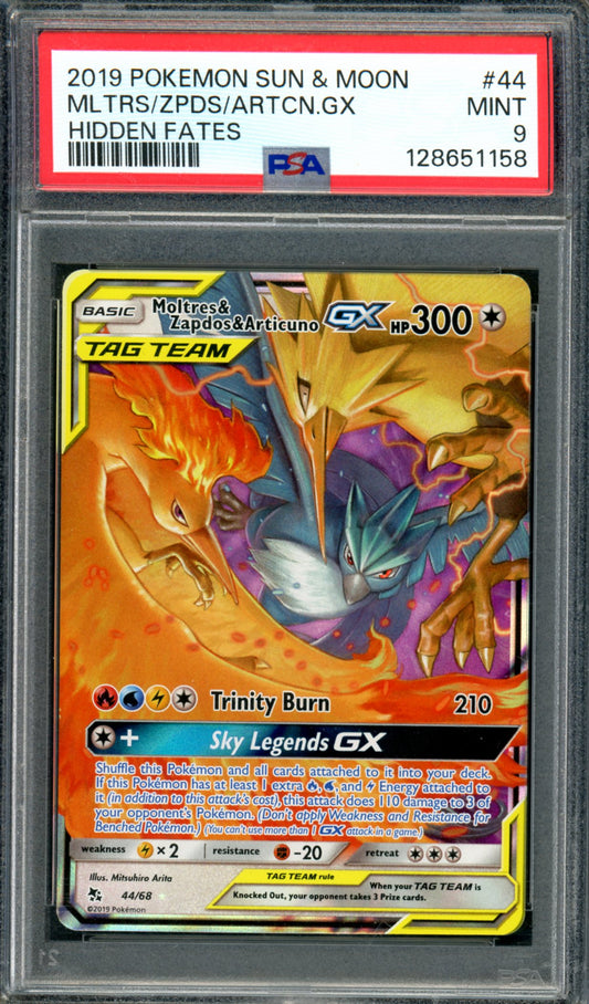 PSA 9 Moltres & Zapdos & Articuno GX (44/68) [Hidden Fates]